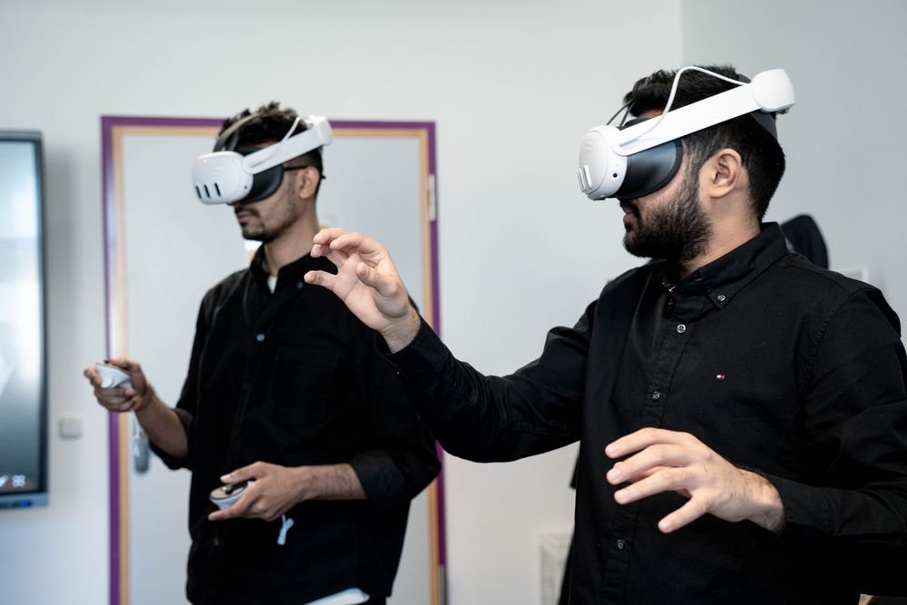 Two professionals taking part in an immersive VR product demonstration